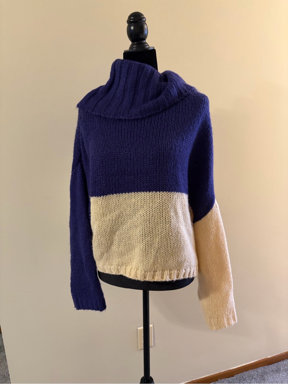 Colorblock Cowl Neck Sweater in Navy and Cream